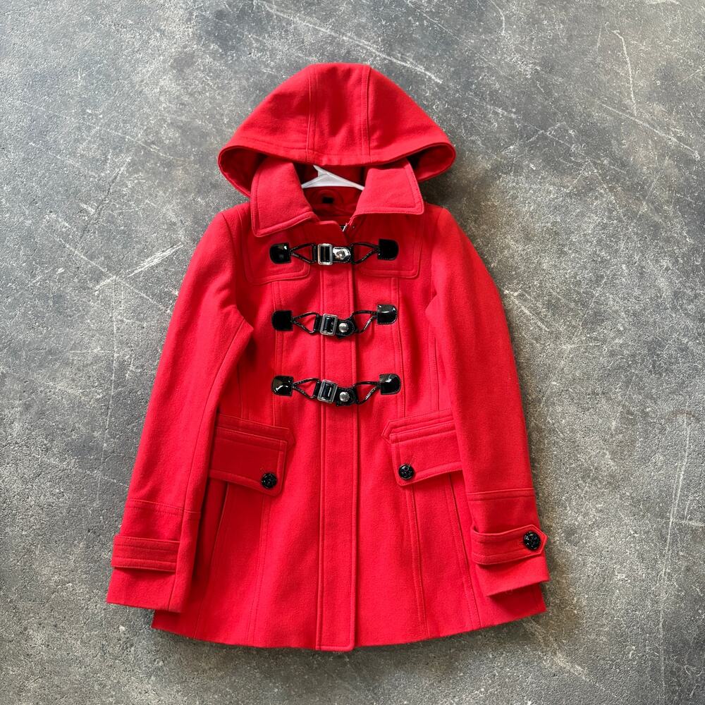 Guess Peacoat Jacket Womens PS Petite S Red Toggle Hooded Wool Y2K Winter Coat